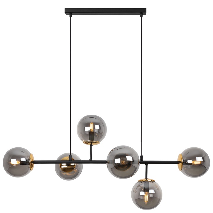 Lustra, Light Home, Siena, E14, Clasa A, 15 cm x 15 cm x 40 cm, 60 W, 6 puncte de lumina Metal|Sticla, Grafit/Negru/Auriu