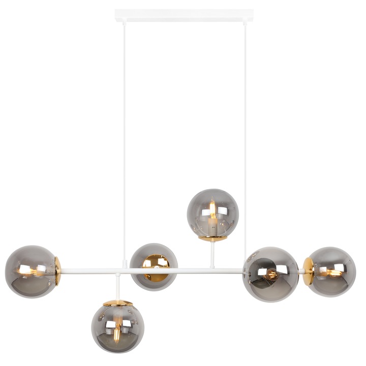 Lustra, Light Home, Siena, E14, Clasa A, 15 cm x 15 cm x 40 cm, 60 W, 6 puncte de lumina Metal|Sticla, Grafit/Alb/Auriu