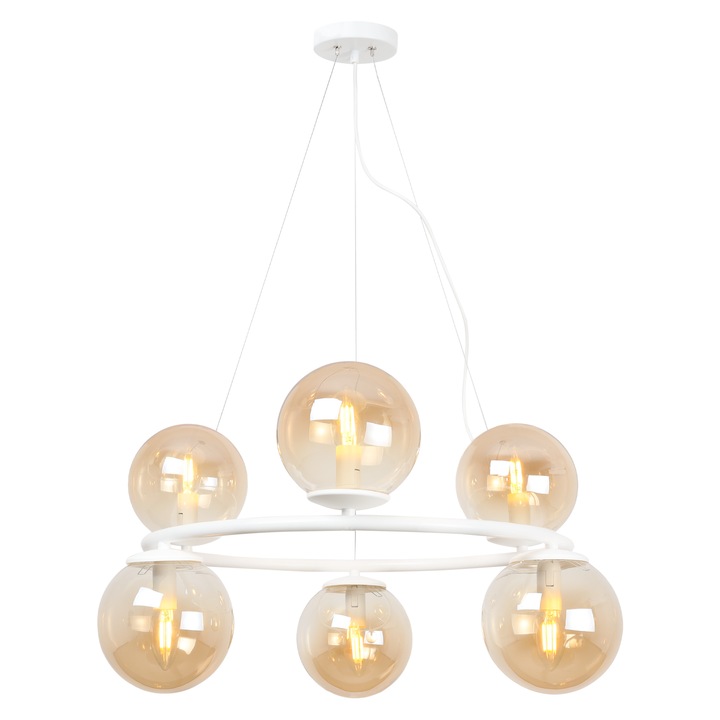 Lampa Suspendata, Light Home, Aura, E14, Pendul, Clasa A, 15 cm x 15 cm x 10 cm, 60 W, 6 puncte de lumina, Metal|Sticla, Miere/Alb