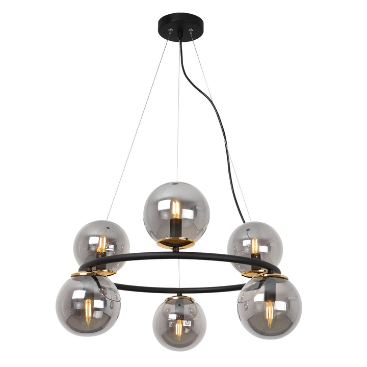 Висяща лампа, Light Home, Aura, E14, Махало, Клас A, 15 см x 15 см x 10 см, 60 W, 6 светлинни точки, Метал, Стъкло, Графит/Черно/Злато