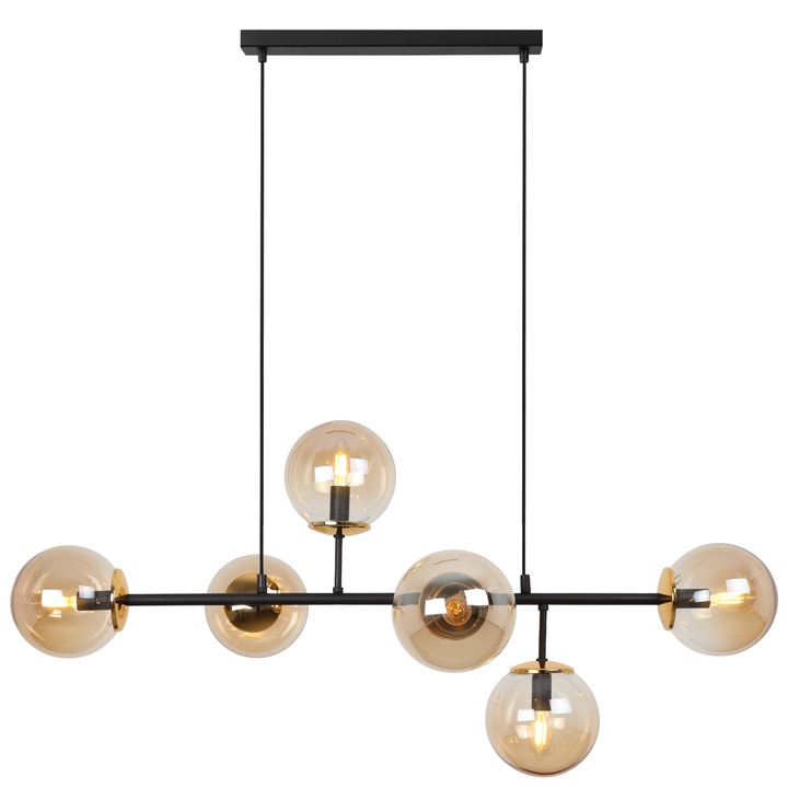 Csillár, Light Home, Siena, E14, A osztály, 15 cm x 15 cm x 40 cm, 60 W, 6 fénypont Fém, Üveg, Méz/Fekete/Arany