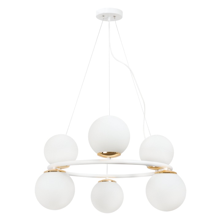 Lampa Suspendata, Light Home, Aura, E14, Pendul, Clasa A, 15 cm x 15 cm x 10 cm, 60 W, 6 puncte de lumina, Metal|Sticla, Alb/Auriu