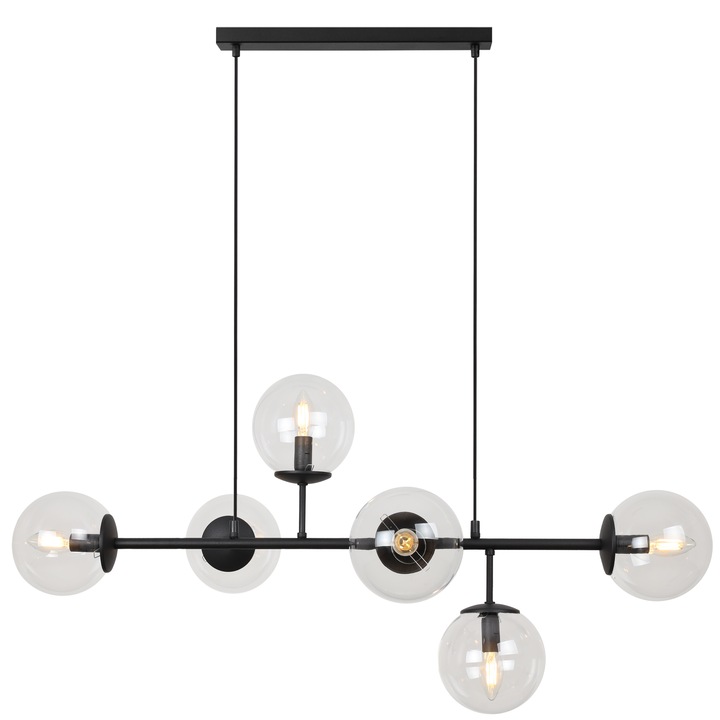 Lustra, Light Home, Siena, E14, Clasa A, 15 cm x 15 cm x 40 cm, 60 W, 6 puncte de lumina Metal|Sticla, Transparent/Negru