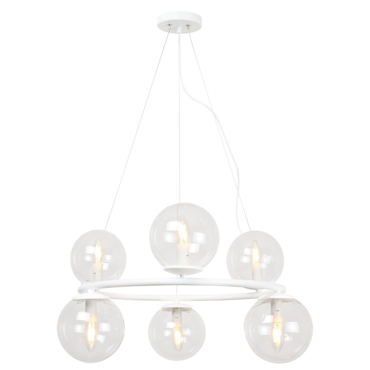 Lampa Suspendata, Light Home, Aura, E14, Pendul, Clasa A, 15 cm x 15 cm x 10 cm, 60 W, 6 puncte de lumina, Metal|Sticla, Transparent/Alb