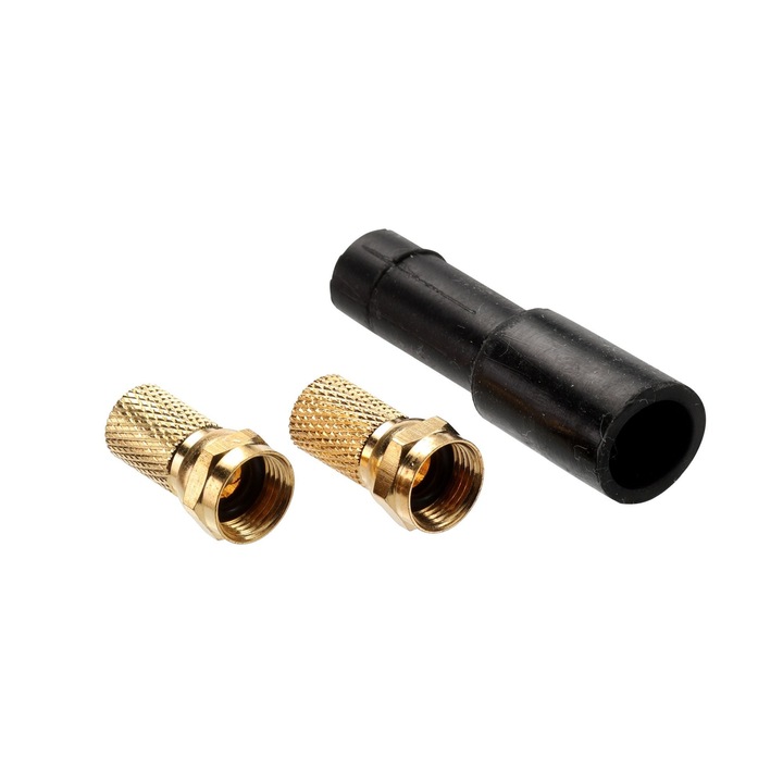 Mufe pentru cablu TV Lexman, cu garnitura de cauciuc, tip F, coaxial, 9.52 mm, tata, metal, galben/auriu, set 2 buc