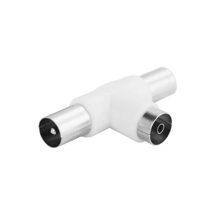 Mufa pentru cablu TV Lexman, in forma de T, coaxial, 9.52 mm, 1 mama - 2 tati, plastic, alba