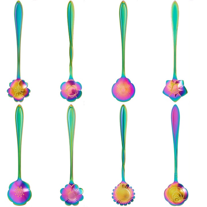 Set 8 lingurite, VeliumCraft, 12.5 cm fiecare, pentru decorare living/bucatarie ceai, desert, motive florale, inox, rainbow