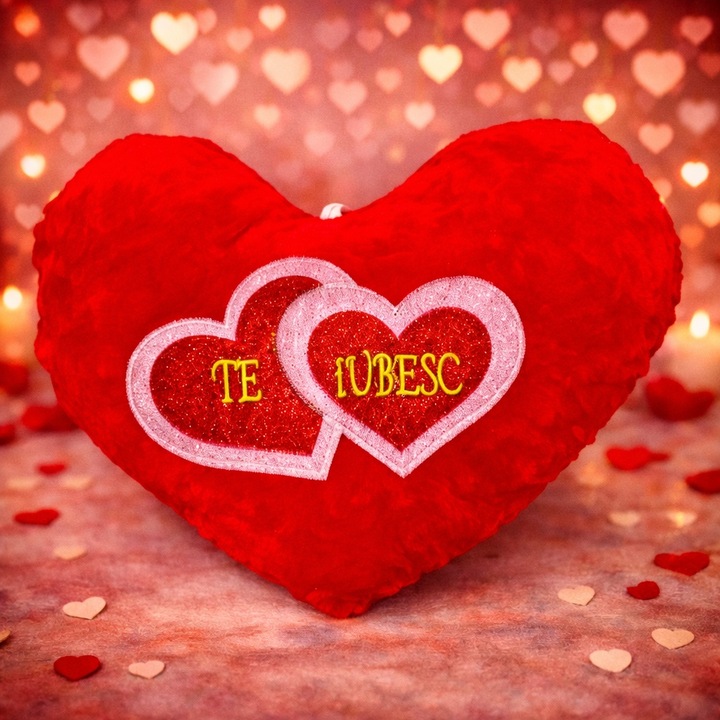 Decoratiune Perna Brodata in forma de inima si mesaj "Te iubesc", cu sclipici, 25x35, Rosu-Auriu, Velve