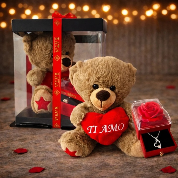 Pachet Special Valentine, Ursulet plush cu inima rosie 18 cm, Cutiuta cu sertar, trandafir sapun si Lantic inox cu pandantiv, Rosu, Velve