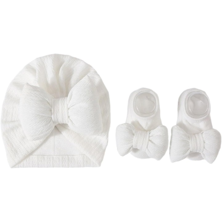 Set Turban cu Fundita si Botosei Antiderapante KERNOWSUN, pentru Nou-nascuti, Fete, Bumbac Moale, Culoare Alb
