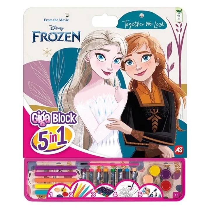 Комплект за оцветяване (рисуване) Frozen 5 в 1, включва: 1 блокче с 25 предварително отпечатани страници, 5 водни бои, 5 маркера, 8 восъчни пастели, 1 четка и 1 лист стикери, 35x1x42, 3 години+