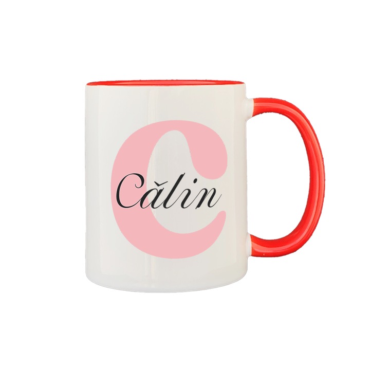 Cana personalizata cu prenume, alba cu interior si maner rosu, 350ml, Colectia Prenume Barbati, Calin