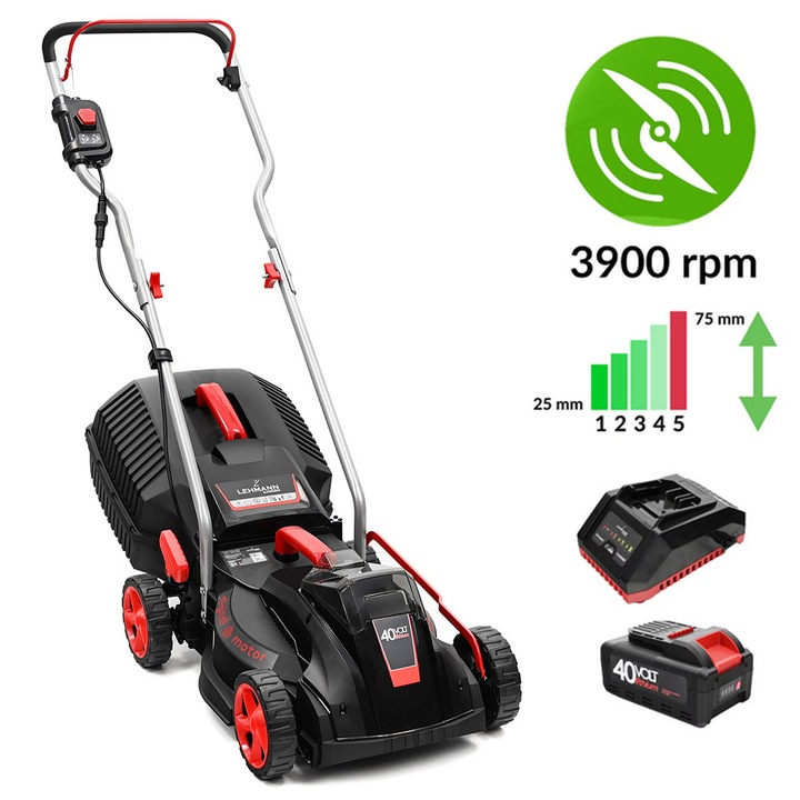 Masina de tuns iarba pe acumulator Lehmann LGALM-4032, latime taiere 32 cm, 3900RPM, 5 trepte de taiere, inaltime de taiere 20-60 mm, sac colector 30 L, contine: acumulator Li-Ion 4.0 Ah + incarcator