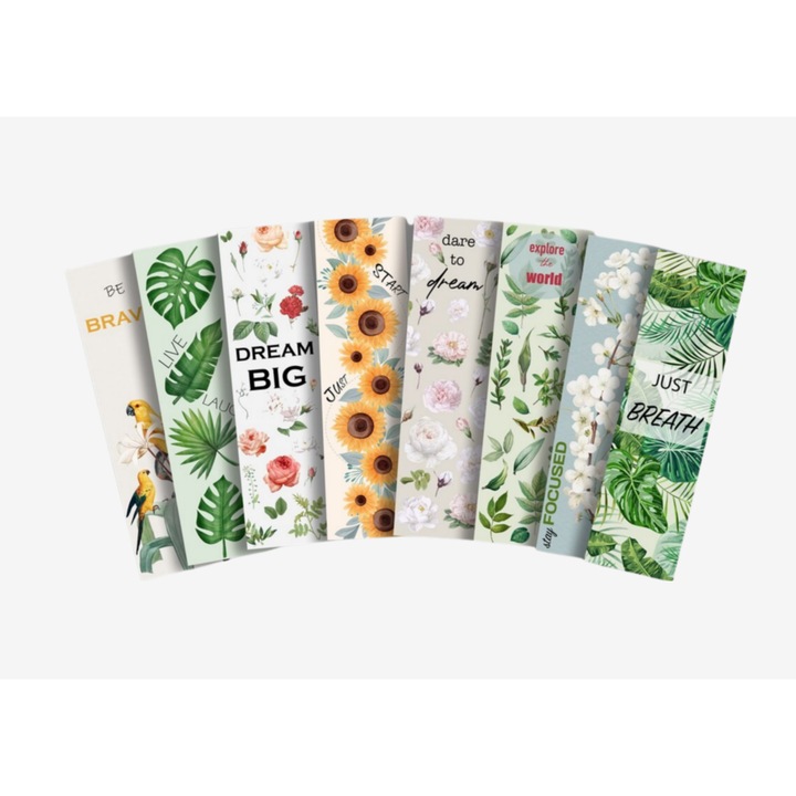 Set 10 x semne de carte pentru adulti, cartonate, lucioase, pentru pasionatii de lectura, model plante si mesaje motivationale, verde si alb, 17, 5 x 4 cm