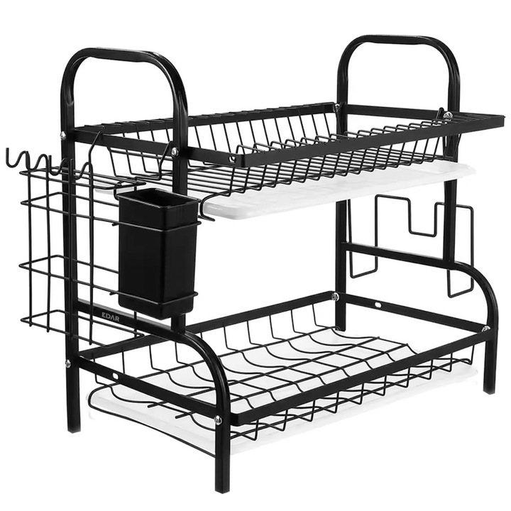 Scurgator Vase EDAR, Suport Supraetajat Pe 2 Niveluri, Cadru Metalic, Cu Suport Tacamuri Si Suport Ustensile Incluse, Tava De Scurgere, Accesorii Montaj Incluse, 40x40x23.5 Cm, Negru