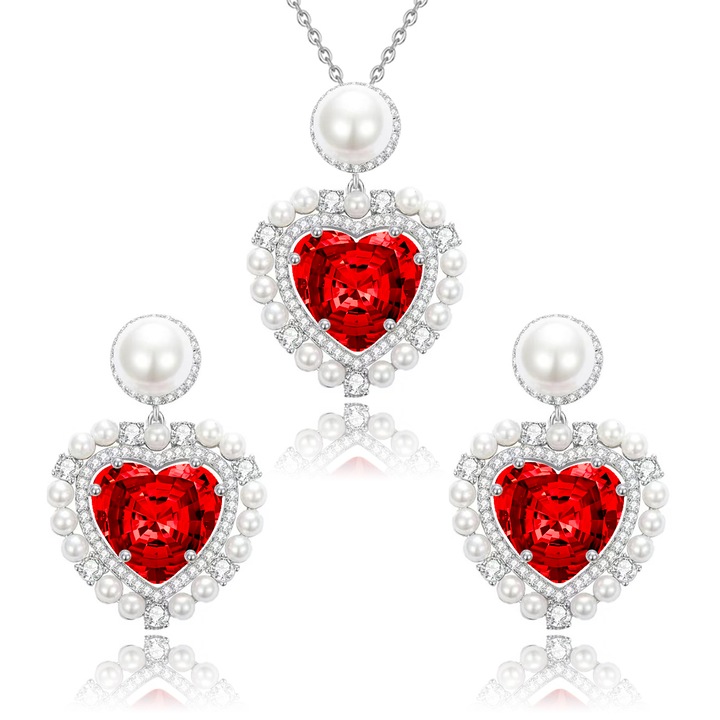 Set de bijuterii vintage si elegante, include coliere/cercei, Forma romantica a inimii, rosu, DYN@, perla mica si piatra pretioasa artificiala de inalta calitate, stralucitoare si simpla, Lux retro, inclusiv cutii delicate de bijuterii