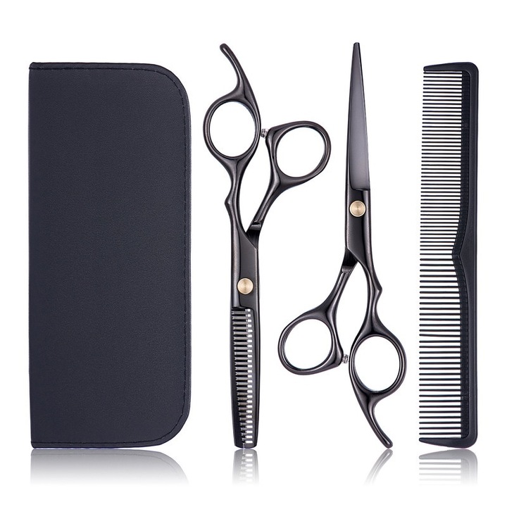 Foarfece de tuns Roziapro, set foarfece de tuns si subtiat, inox, 6.5 inch, negru