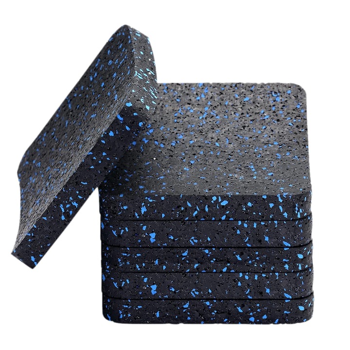 Set 6 covor protectie banda alergare/ eliptica, Hggzeg, Covoras de protectie, Protectie pardoseala, Suporta pana la 450 kg, Pentru bicicleta culcata, banci de exercitii, banci de greutati, Cauciuc, 10x10x1cm, Negru/Albastru