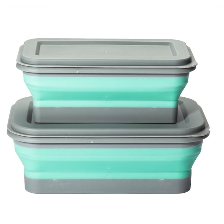 Комплект от 2 сгъваеми купи с капак, SINBINTA, 400/750 ml, нетоксични, без мирис, лесни за почистване, подходящи за съдомиялна машина, за туризъм на открито, къмпинг, пътувания и спортни събития, PP/TRP, зелено/сиво