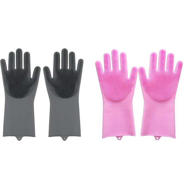 2 pár mosogatókesztyű készlet, SINBINTA, sörtékkel, Fékezhető kialakítás, Csúszásmentes, Magas hőmérsékletnek ellenálló, Könnyen felakasztható és tárolható, Mosogatáshoz és tisztításhoz, Szilikon, 33*15cm, Rózsaszín/Szürke