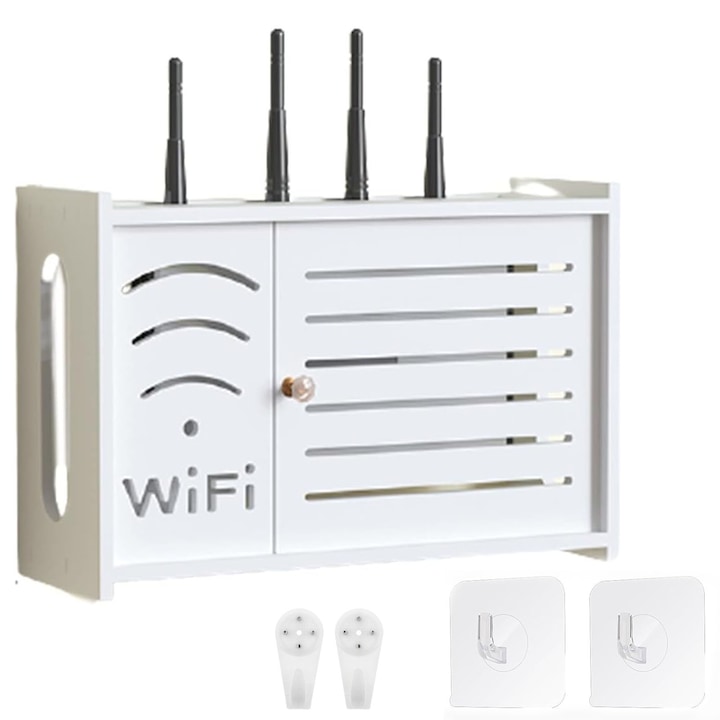 Поставка за безжичен рутер, SINBINTA, Кутия за съхранение на безжичен рутер, С държач за мобилен телефон, пирон без следи, Възможен стенен монтаж, За маскиране на WI-FI оборудване и кабели, Пластмаса, 36 x 11,5 x 24 см, Бял