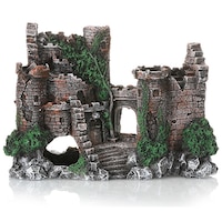 Decor acvariu ruine de castel 19 cm, Hggzeg, Decor acvariu castel, Cu acoperis de moss, Portabil, Nu se estompeaza, Usor de curatat, Pentru toate terariile, acvarii, de apa dulce si apa sarata, Rasina, 19x9x14cm, Multicolor