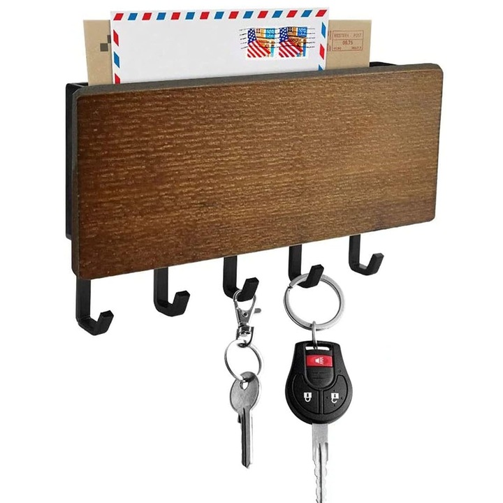Suport pentru chei, SINBINTA, Cu 5 carlige si un mic raft superior, Montat pe perete, Usor de instalat, Pentru holului, sufrageriei, bucatariei, baii, dormitorului, Lemn/Metal, 18.3*9.7*3.4cm, Maro