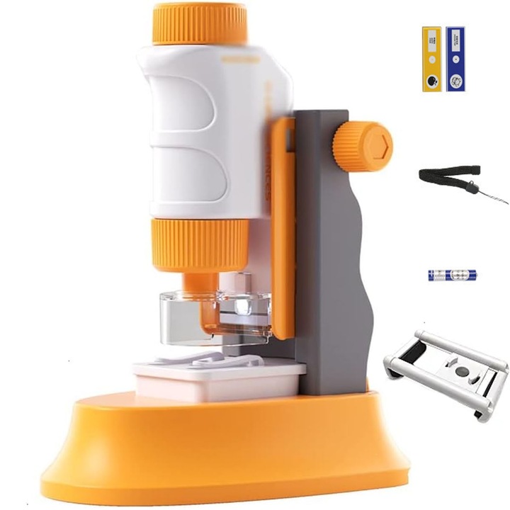 Преносим микроскоп за деца, SINBINTA, Образователен научен микроскоп за деца, Комплект играчки за биологични експерименти, с образец, LED, батерия, 80x-160x, 3 режима на работа, пластмаса, 78 х 115 х 140 мм, Оранжев/бял