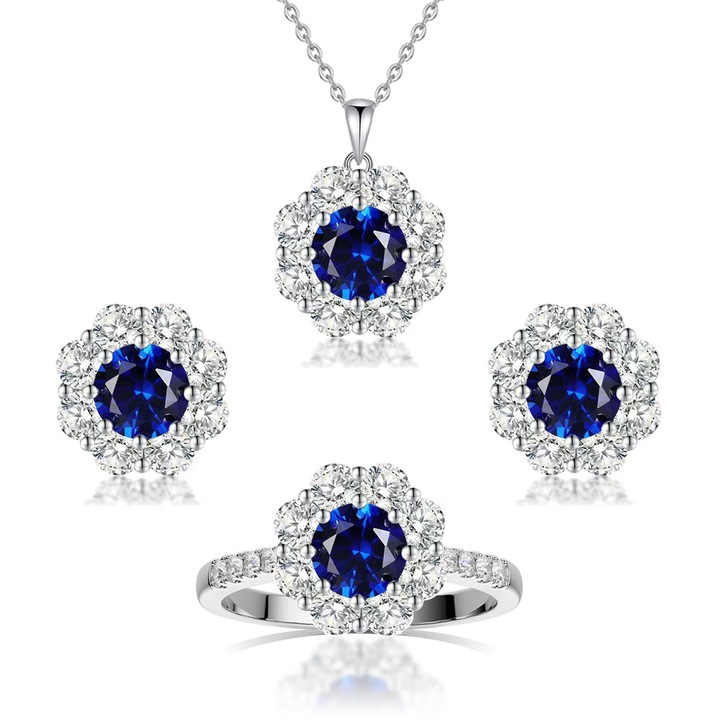 Изискан комплект бижута от сребро проба 925 за жени, колие, обеци и пръстен (регулируем размер), форма на маргаритка, сребрист и DYN@,