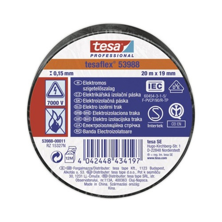 Banda izolatoare Professional, TOP Tesa, 19 mm x 20 m, Negru