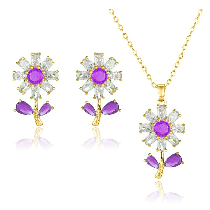 Set de bijuterii pentru femei, argint 925, colier si cercei, rafinate forma margareta, violet/auriu, DYN@, multicolor piatra pretioasa artificiala, stralucitoare si de inalta calitate, viu si minunat, inclusiv cutie delicata de bijuterii