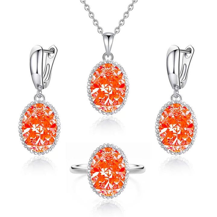 Set elegant de bijuterii din argint 925 pentru femei, include coliere/cercei/inel (marimea USA 6#), ovala, Rose de sampanie, DYN@, piatra pretioasa artificiala de inalta calitate, stralucitoare si simpla, inclusiv cutii delicate de bijuterii
