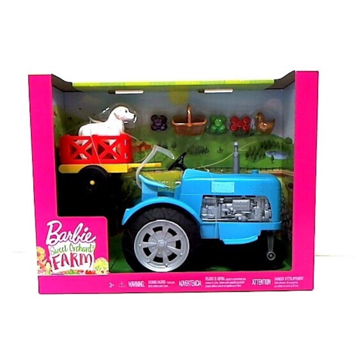 Tractor de jucarie Barbie cu remorca si accesorii, set