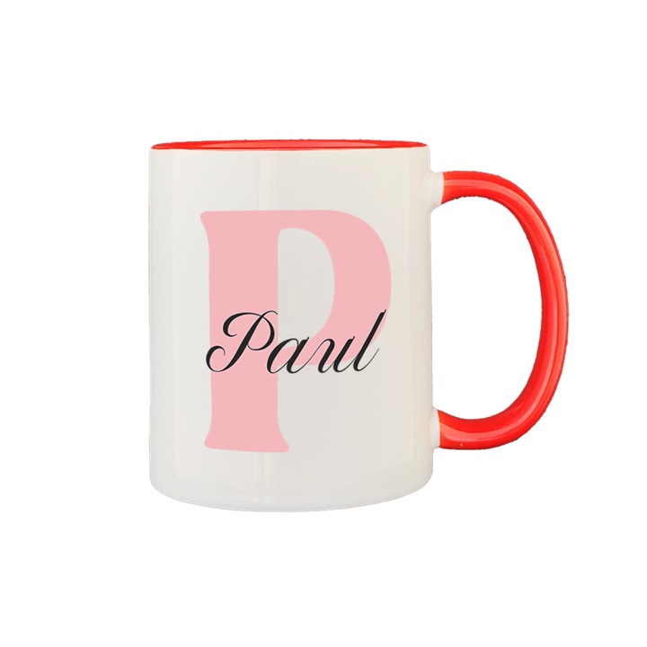 Cana personalizata cu prenume, alba cu interior si maner rosu, 350ml, Colectia Prenume Barbati, Paul