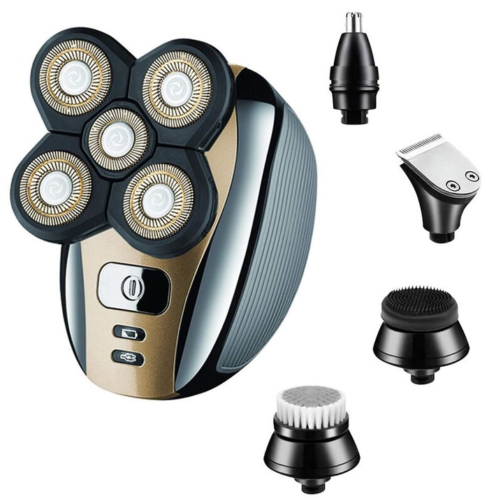 Set aparat de ras electric 5 in 1 Roziapro, trimmer pentru barba, trimmer pentru nas, perie de masaj facial, perie de curatare, incarcare USB