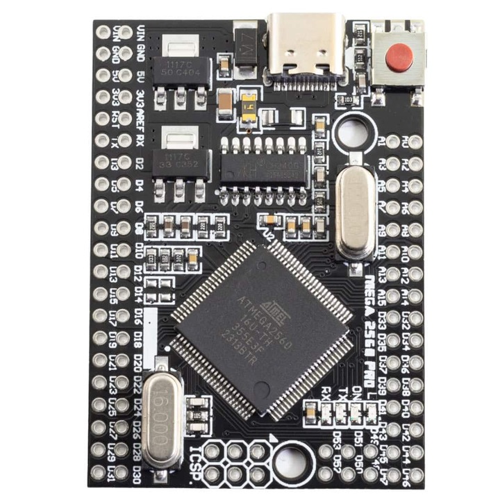 Модул Mega 2560 Mini, Съвместим с Arduino Mega R3, Микроконтролер ATmega2560, USB-UART преобразуване с CH340, Размери 38 x 55 mm