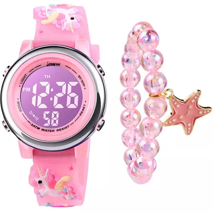 Спортен часовник за деца, SINBINTA, Дигитален 9+, Детски ръчен часовник, С гривна, Хронометър, Аларма, Календар и LED дисплей, Удобна каишка, Модел с еднорог, Водоустойчив 3ATM, PVC/Метал, Дължина 21 см, Розов
