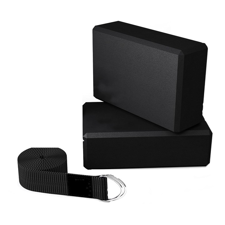 Блок за йога и пилатес, Hggzeg, Фитнес тухла, Йога куб, с каишка, Куб за фитнес упражнения, за укрепване на дълбоките мускули, подобрява координацията и ловкостта, EVA, 23 x 15 см, черен