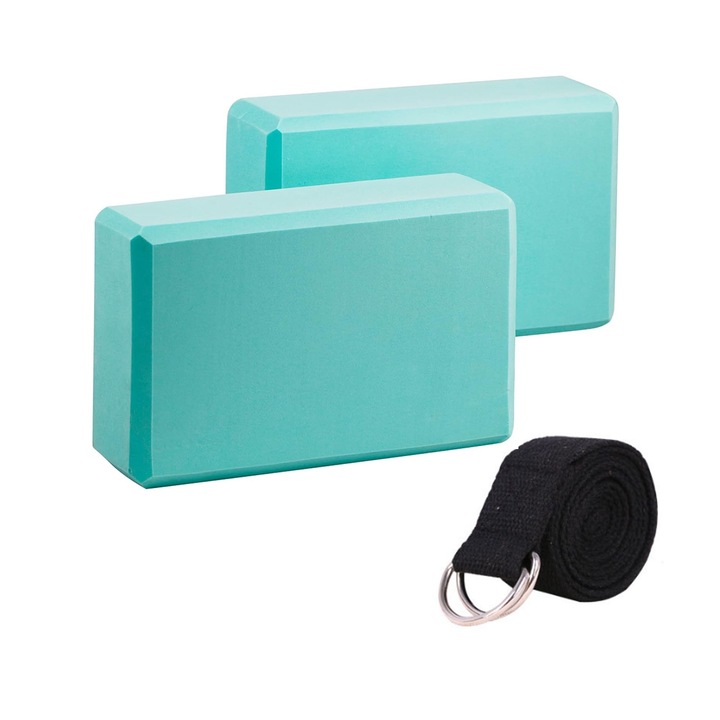 Блок за йога и пилатес, Hggzeg, Фитнес тухла, Йога куб, с каишка, Куб за фитнес упражнения, за укрепване на дълбоките мускули, подобрява координацията и ловкостта, EVA, 23 x 15 см, син