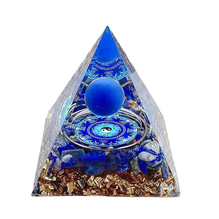Figurina piramida handmade, decor pentru casa, cristale si rasina, 6cm, model Tai Chi, minge de energie albastra