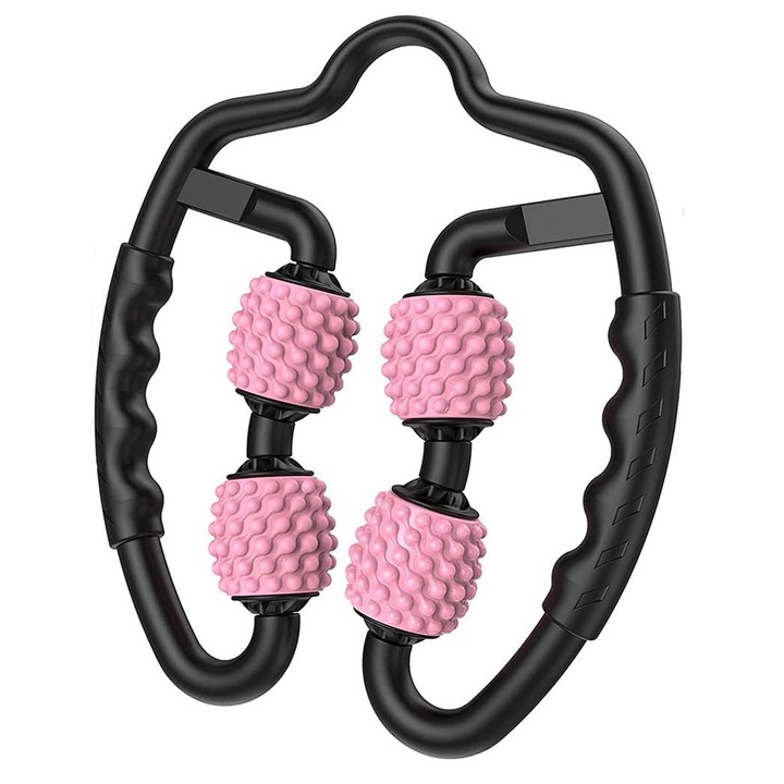 Cellulit masszírozó, Hggzeg, Izommasszírozó görgő, Hordozható, 4 hengerrel, Ergonomikus fogantyú, Könnyen használható, A test számos részére, Fájdalomcsillapító, Mélymasszázs, TPE, 25x27x5cm, Rózsaszín
