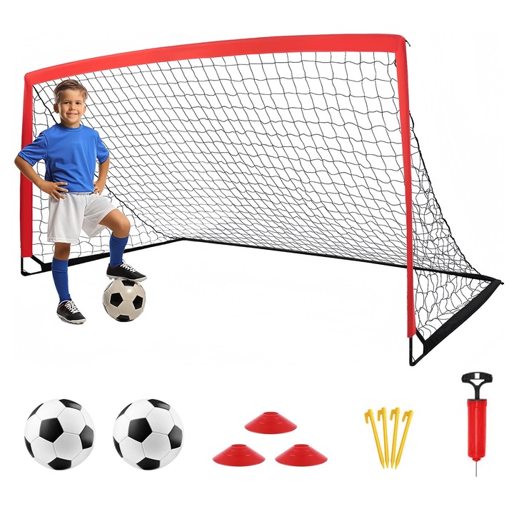 Set porti fotbal pentru copii Wacorresi, Poarta de fotbal minge de fotbal, echipament de antrenament portabil, 1 porti, 2 mingi de fotbal, 3 conuri, 3-16 ani, 118x87cm