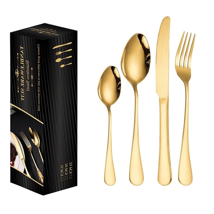 OEM Evőeszköz készlet 24 részes, 6 személyes készlet, rozsdamentes acél, modern design, arany