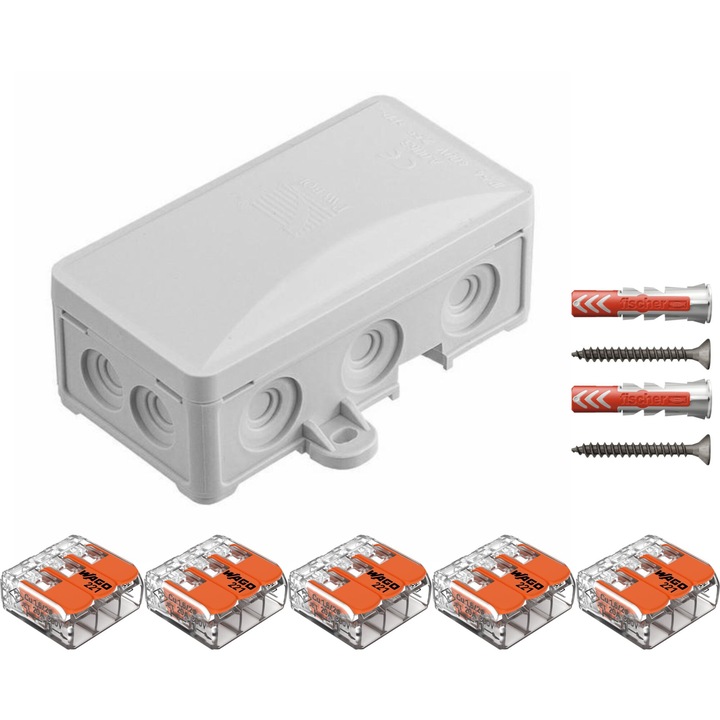 Doza derivatie, Cutie conexiuni, 72x95x40mm, IP54, PW-A.0063 PAWBOL dotata cu cleme Wago 221 si dibluri Fischer DuoPower 6 x 30