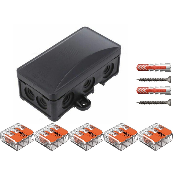 Doza derivatie, Cutie conexiuni, 72x95x40mm, IP54, PW-A.0063C PAWBOL dotata cu cleme Wago 221 si dibluri Fischer DuoPower 6 x 30