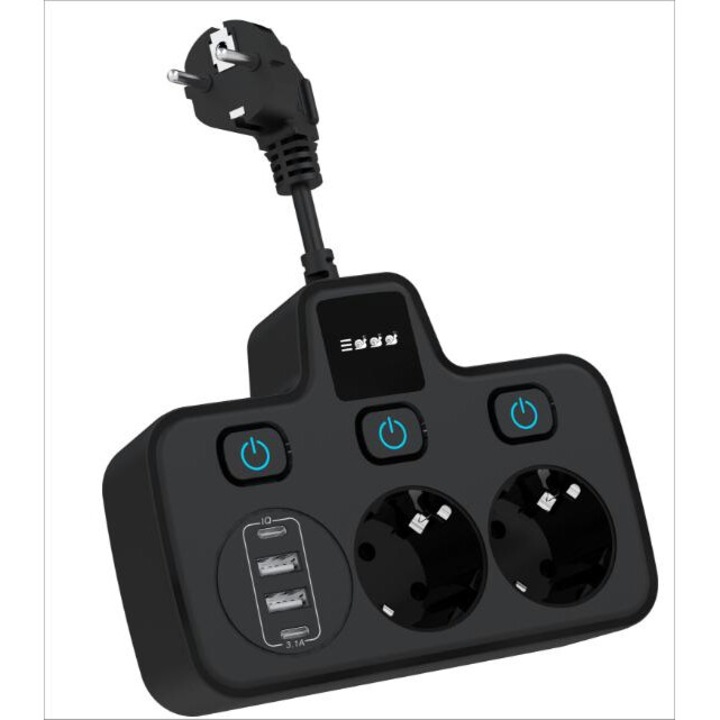 Стенен контакт с 3 изхода, Sanyu Media, 3 EU контакта, 2 конектора, USB, черен