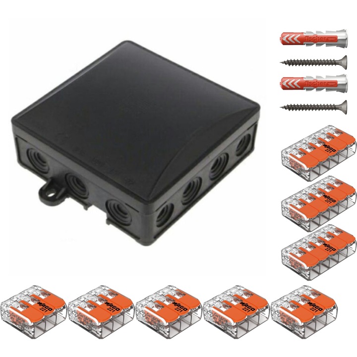 Doza derivatie, Cutie conexiuni, 95x95x40mm, IP54, PW-A.0064C PAWBOL dotata cu cleme Wago 221 si dibluri Fischer DuoPower 6 x 30