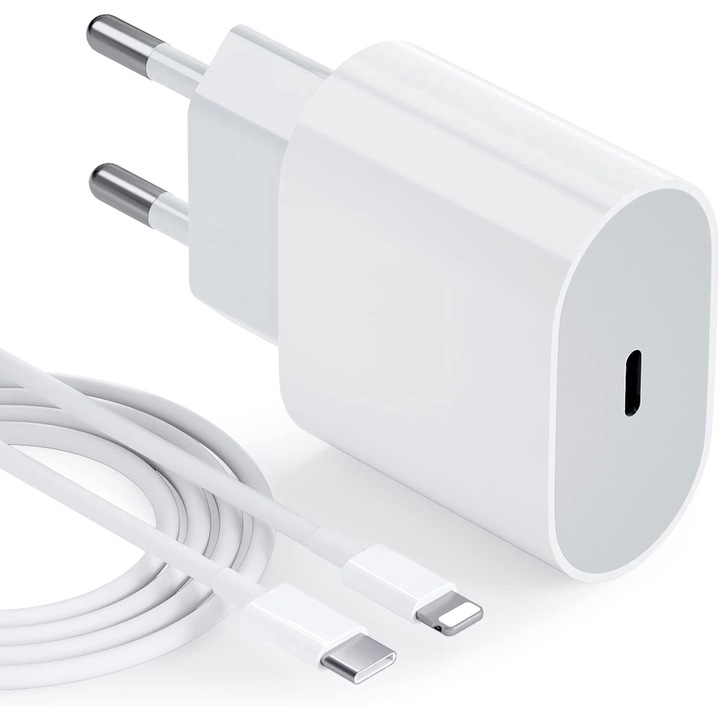 Зарядно устройство за бързо зареждане, 20 W, 1M Lightning кабел за данни, съвместимо с iPhone 14/13/12/11/Pro/Pro Max/iPad/AirPods, бяло