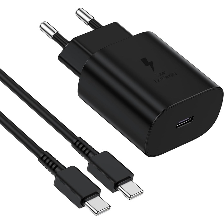 Incarcator Fast Charge, 25 W, compatibil cu Samsung S10, S20, S20 Ultra, S21 FE, S21, S22, S22 Plus, S23, S23 Plus, Note 10, Note 20, si Cablu de date fast charge 1m Tip C, Negru