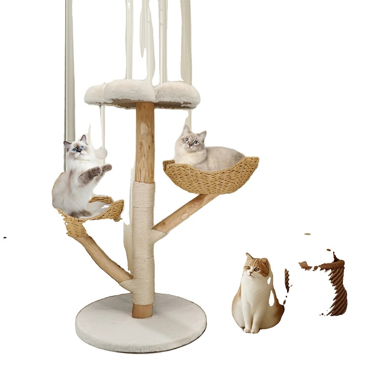 Centru de activitati pentru arborele de pisici, design minimalist modern, stalp de zgariere durabil, lemn si alb